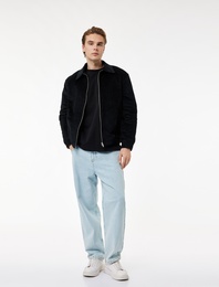 Regular Fit Uzun Kollu Cepli  Pamuklu Gömlek Yaka Fermuarlı Fitilli Kadife Ceket