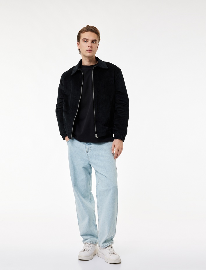  Regular Fit Uzun Kollu Cepli  Pamuklu Gömlek Yaka Fermuarlı Fitilli Kadife Ceket