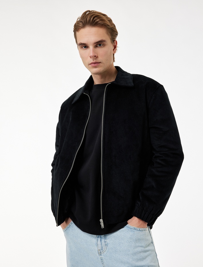  Regular Fit Uzun Kollu Cepli  Pamuklu Gömlek Yaka Fermuarlı Fitilli Kadife Ceket