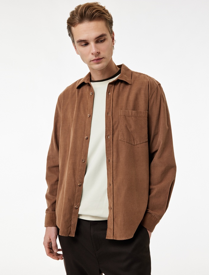  Regular Fit Klasik Yaka Düğmeli Pamuklu Uzun Kollu Kadife Gömlek