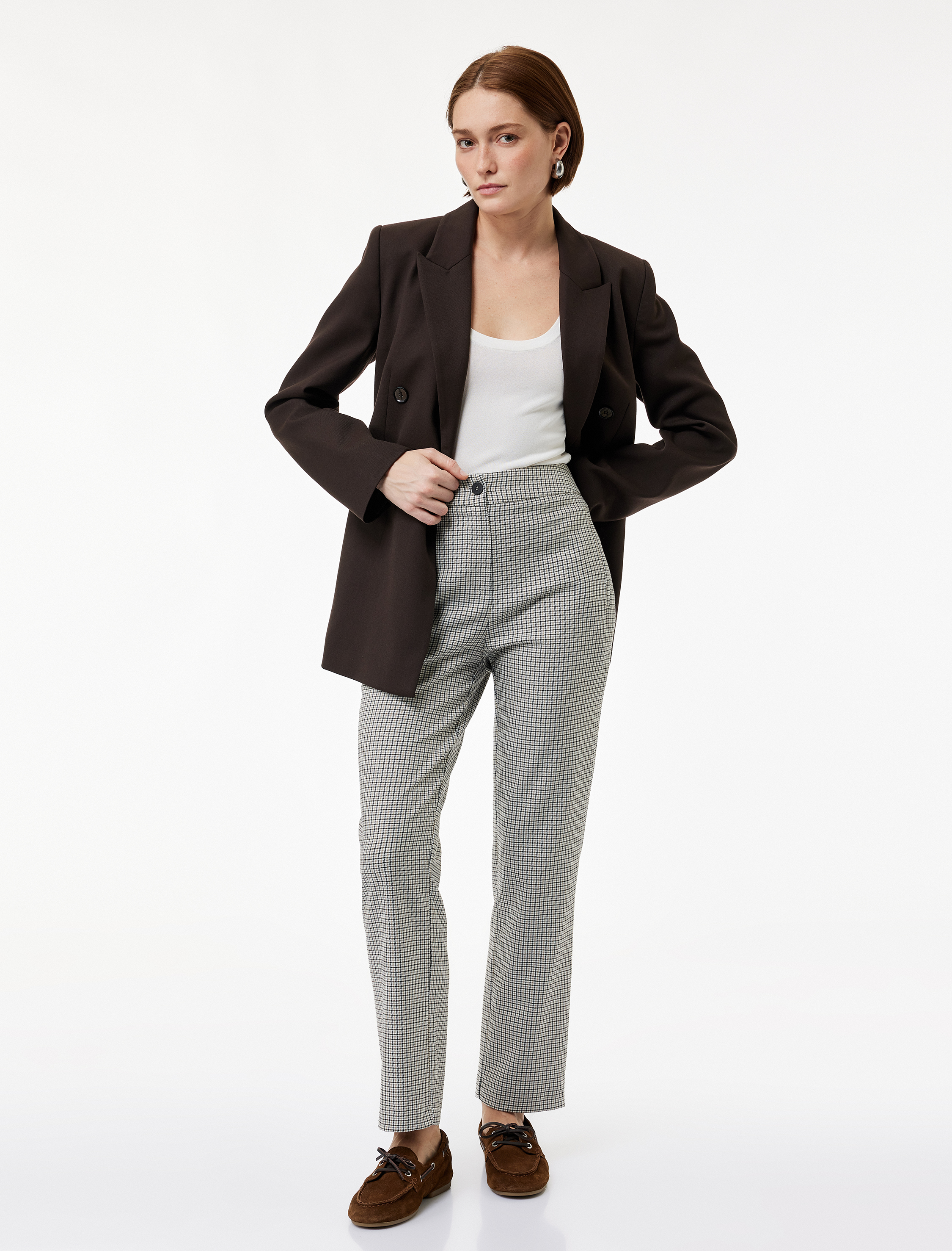   Viskon Karışımlı Regular Fit Ekoseli Cigarette Pantolon