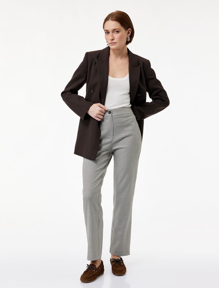  Viskon Karışımlı Regular Fit Ekoseli Cigarette Pantolon