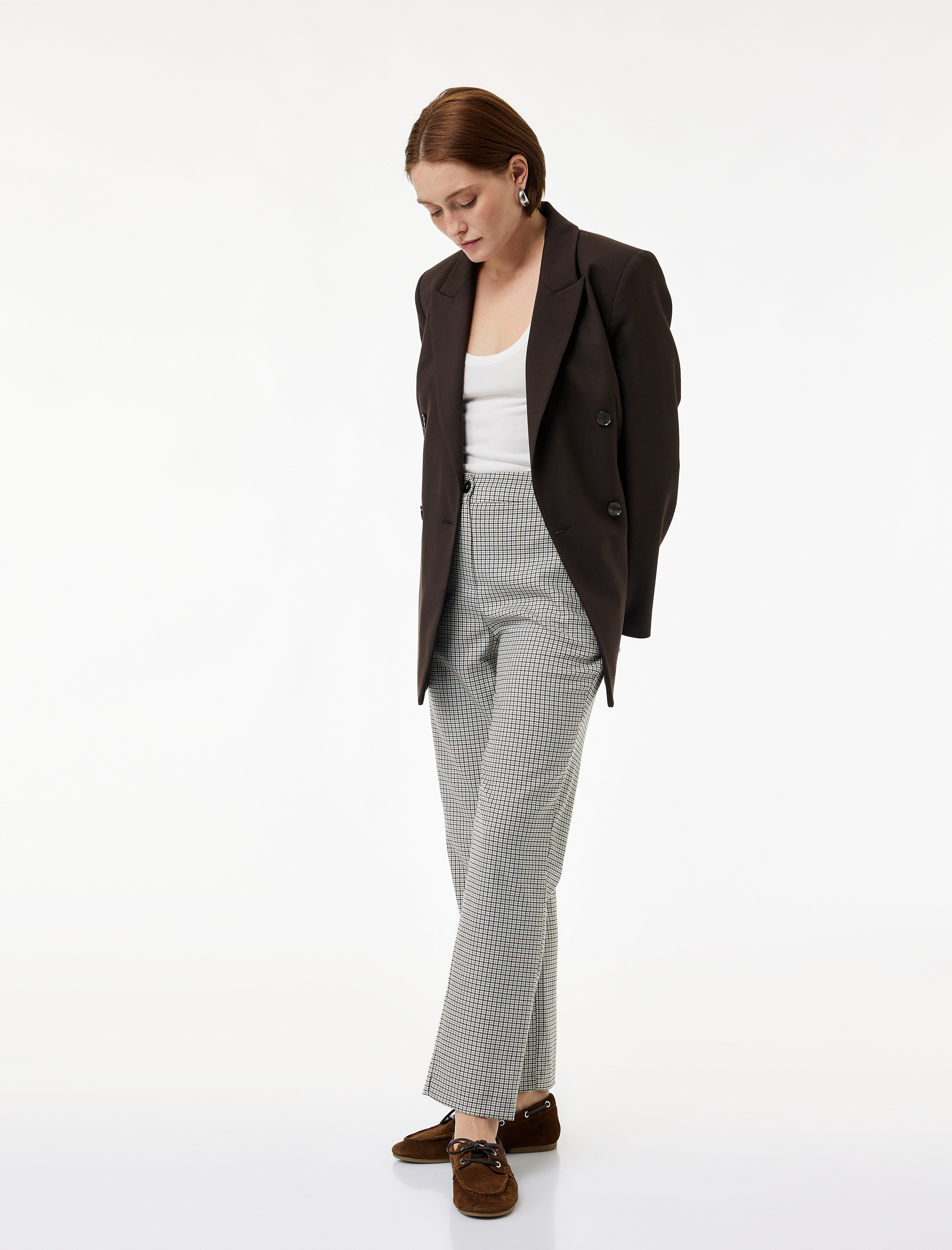   Viskon Karışımlı Regular Fit Ekoseli Cigarette Pantolon