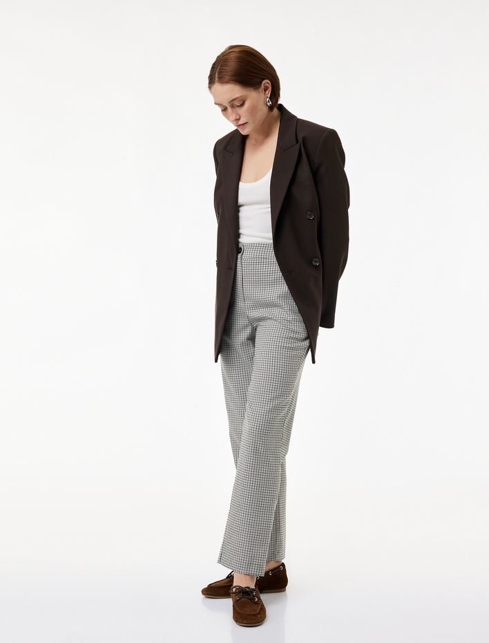  Viskon Karışımlı Regular Fit Ekoseli Cigarette Pantolon