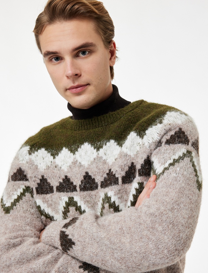  Uzun Kollu Bisiklet Yaka Desenli Triko Kazak