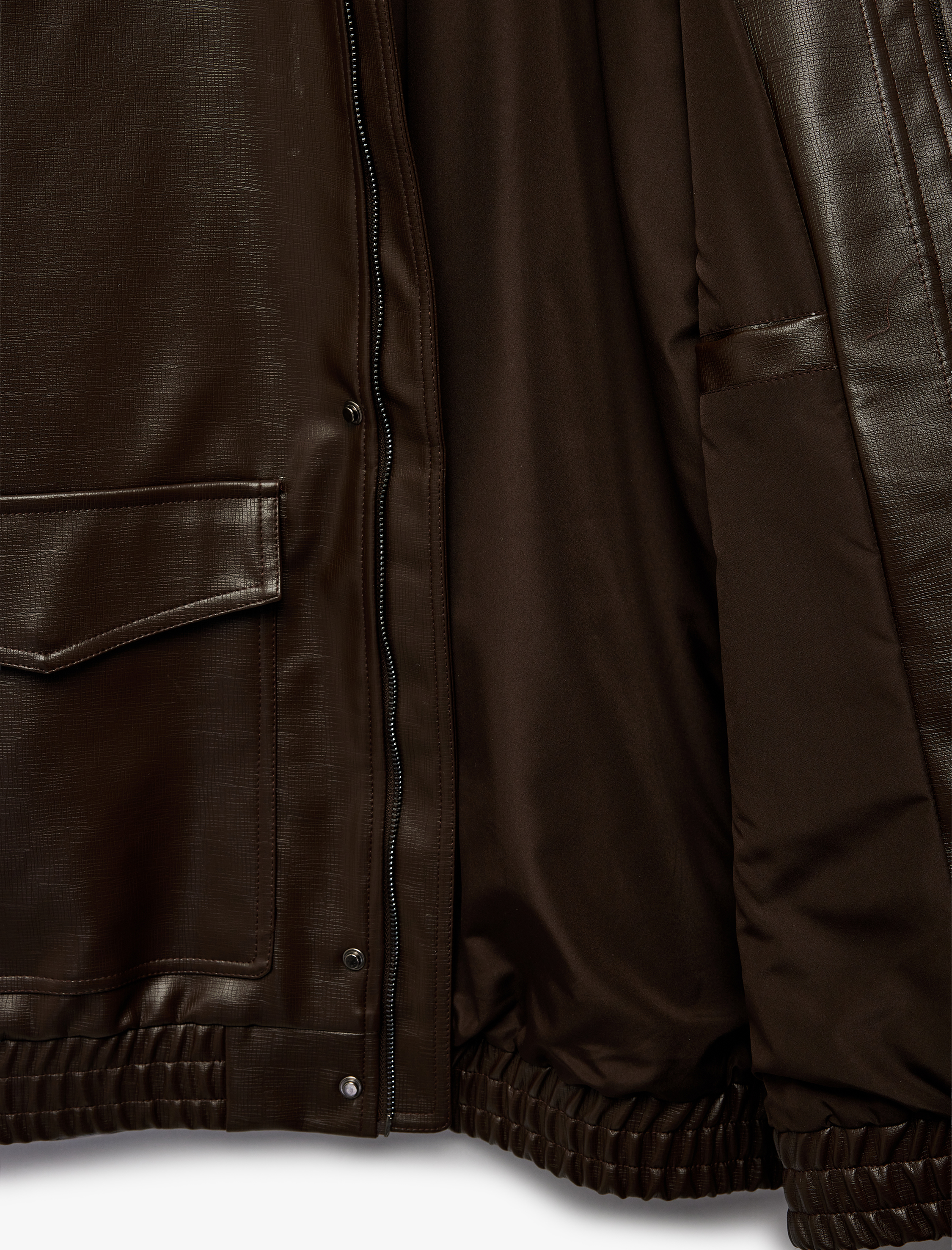   Gömlek Yaka Beli Lastikli Uzun Kollu Kapaklı Cepli Suni Deri Ceket