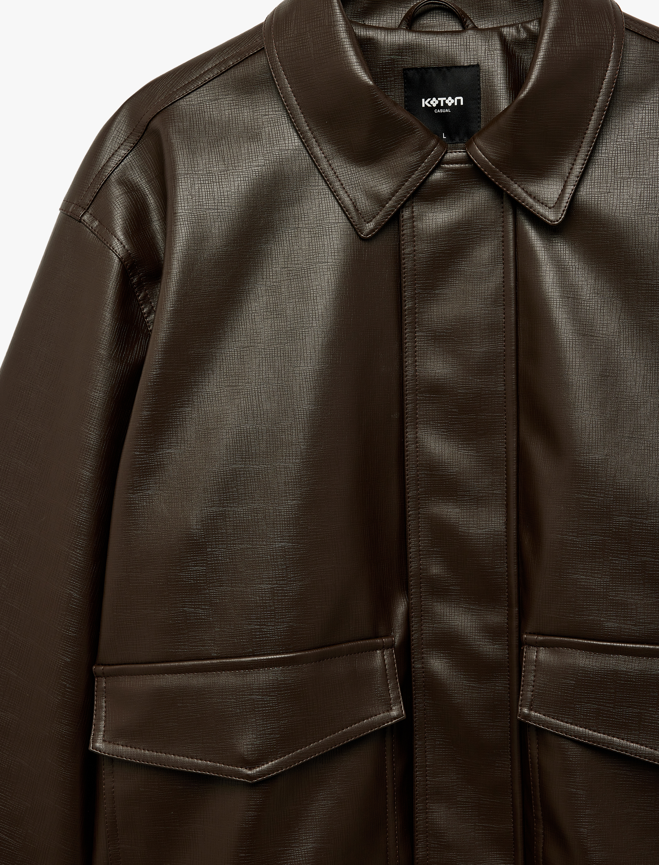   Gömlek Yaka Beli Lastikli Uzun Kollu Kapaklı Cepli Suni Deri Ceket