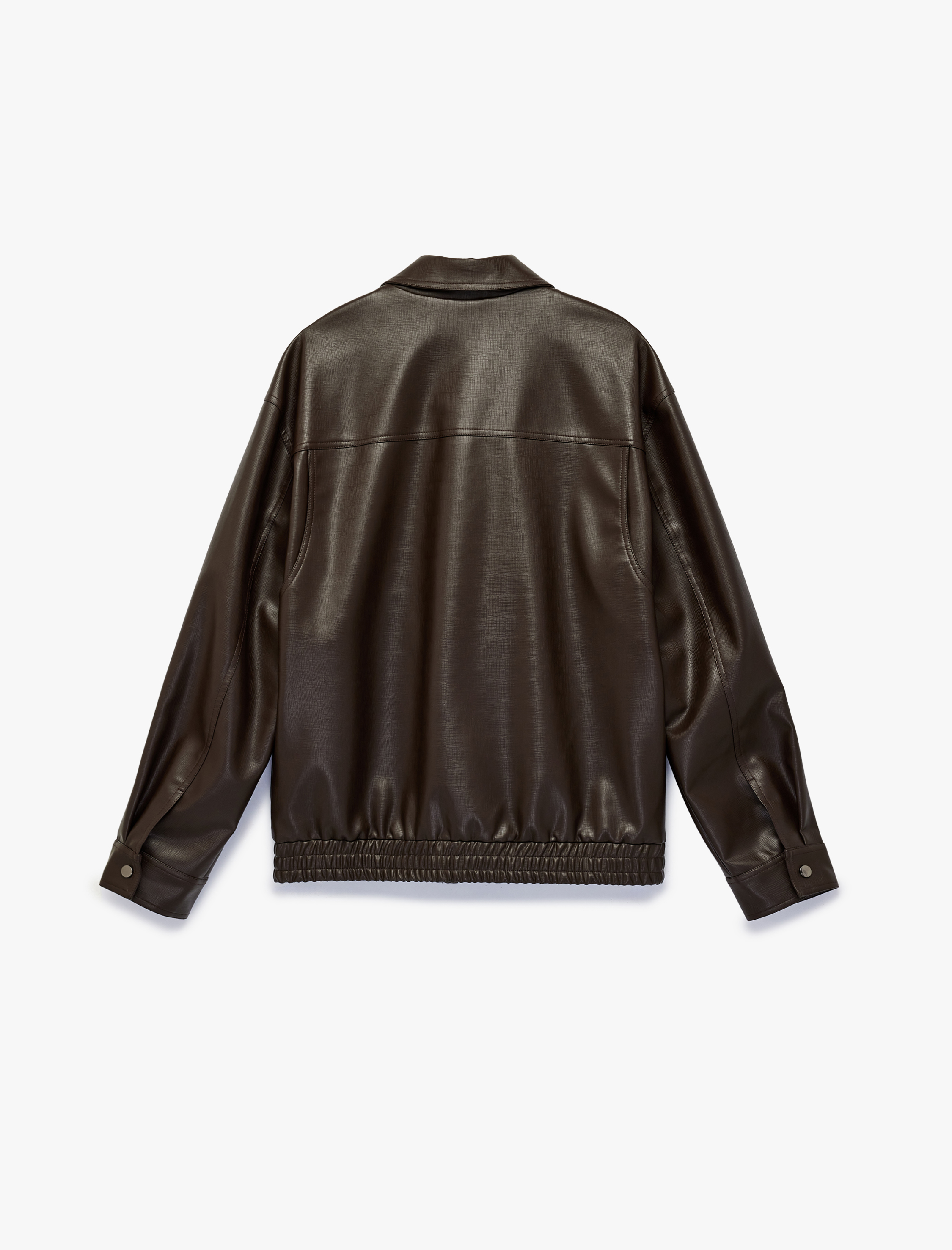   Gömlek Yaka Beli Lastikli Uzun Kollu Kapaklı Cepli Suni Deri Ceket