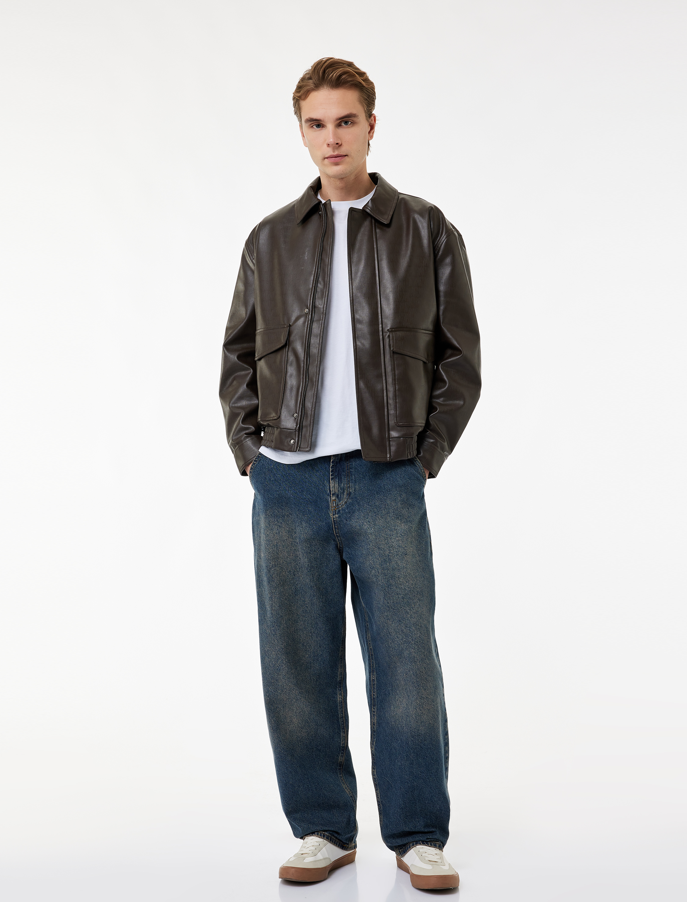   Gömlek Yaka Beli Lastikli Uzun Kollu Kapaklı Cepli Suni Deri Ceket