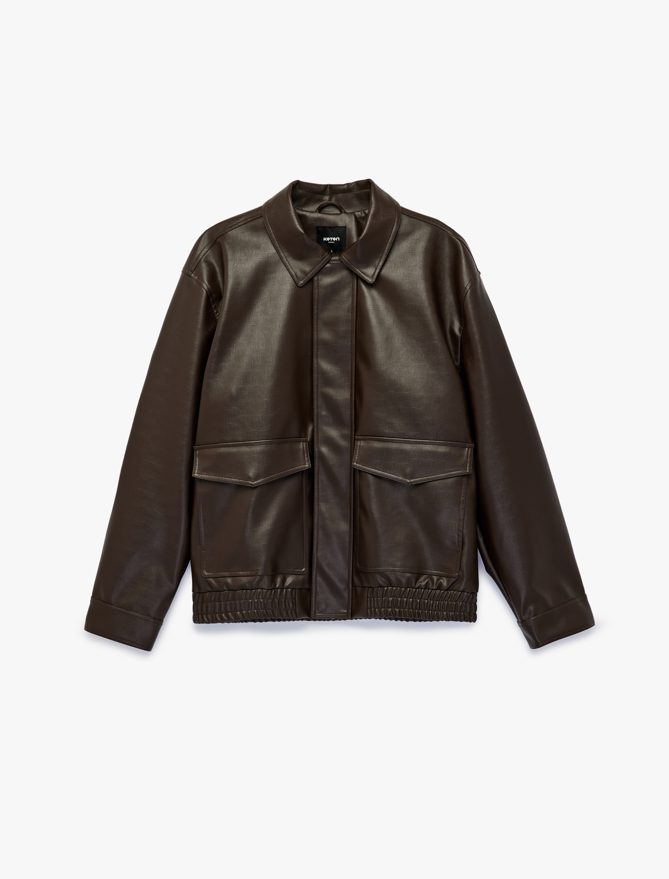   Gömlek Yaka Beli Lastikli Uzun Kollu Kapaklı Cepli Suni Deri Ceket