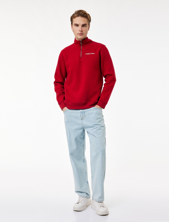  Uzun Kollu Şardonlu Yarım Fermuarlı Yılbaşı Baskılı Sweatshirt