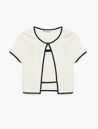 Kısa Kollu Bisiklet Yaka Hırka ve Askılı Bluz Takım