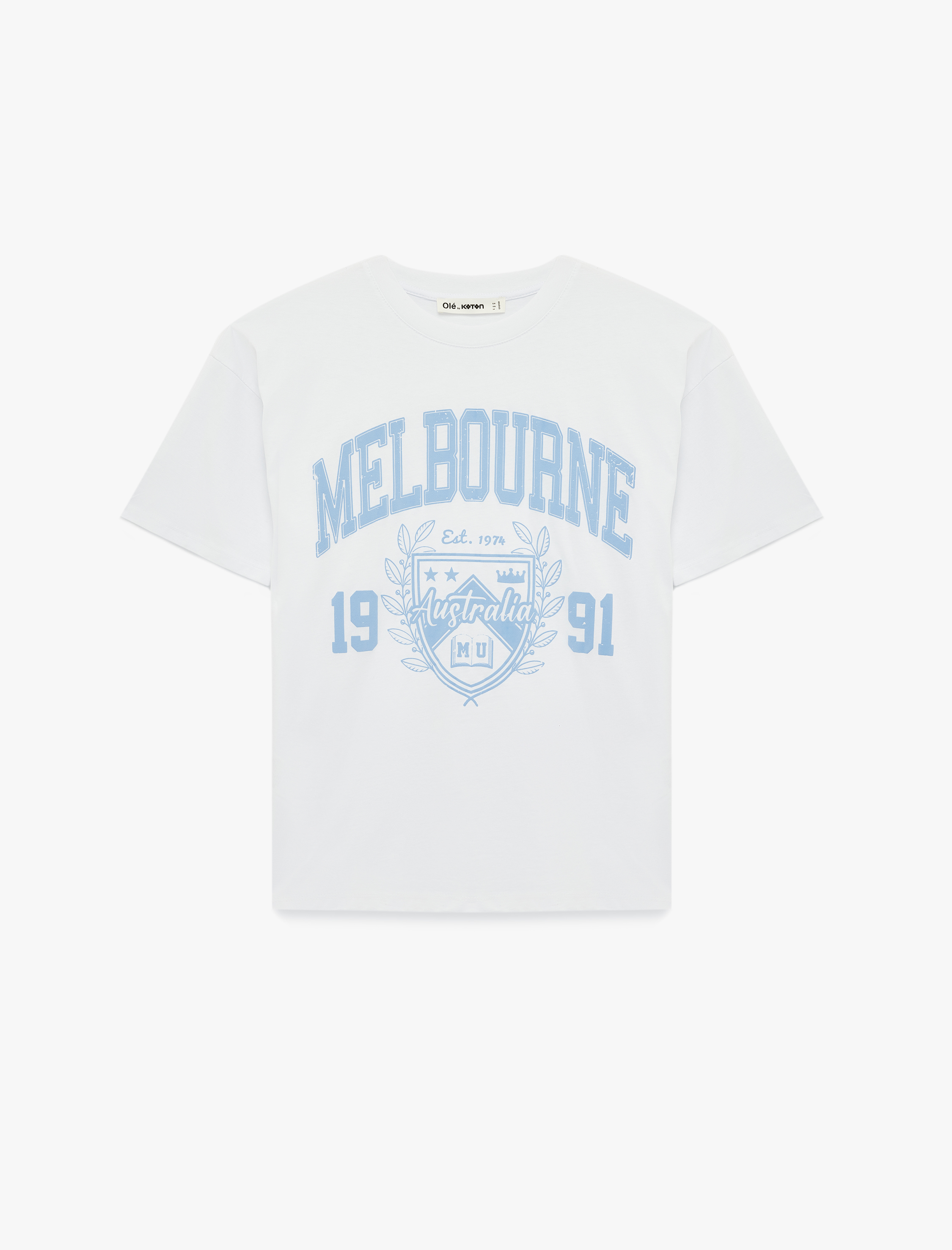   Rahat Kalıp Pamuklu Kısa Kollu Bisiklet Yaka Baskılı Tişört