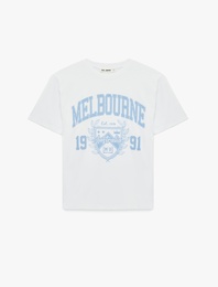 Rahat Kalıp Pamuklu Kısa Kollu Bisiklet Yaka Baskılı Tişört