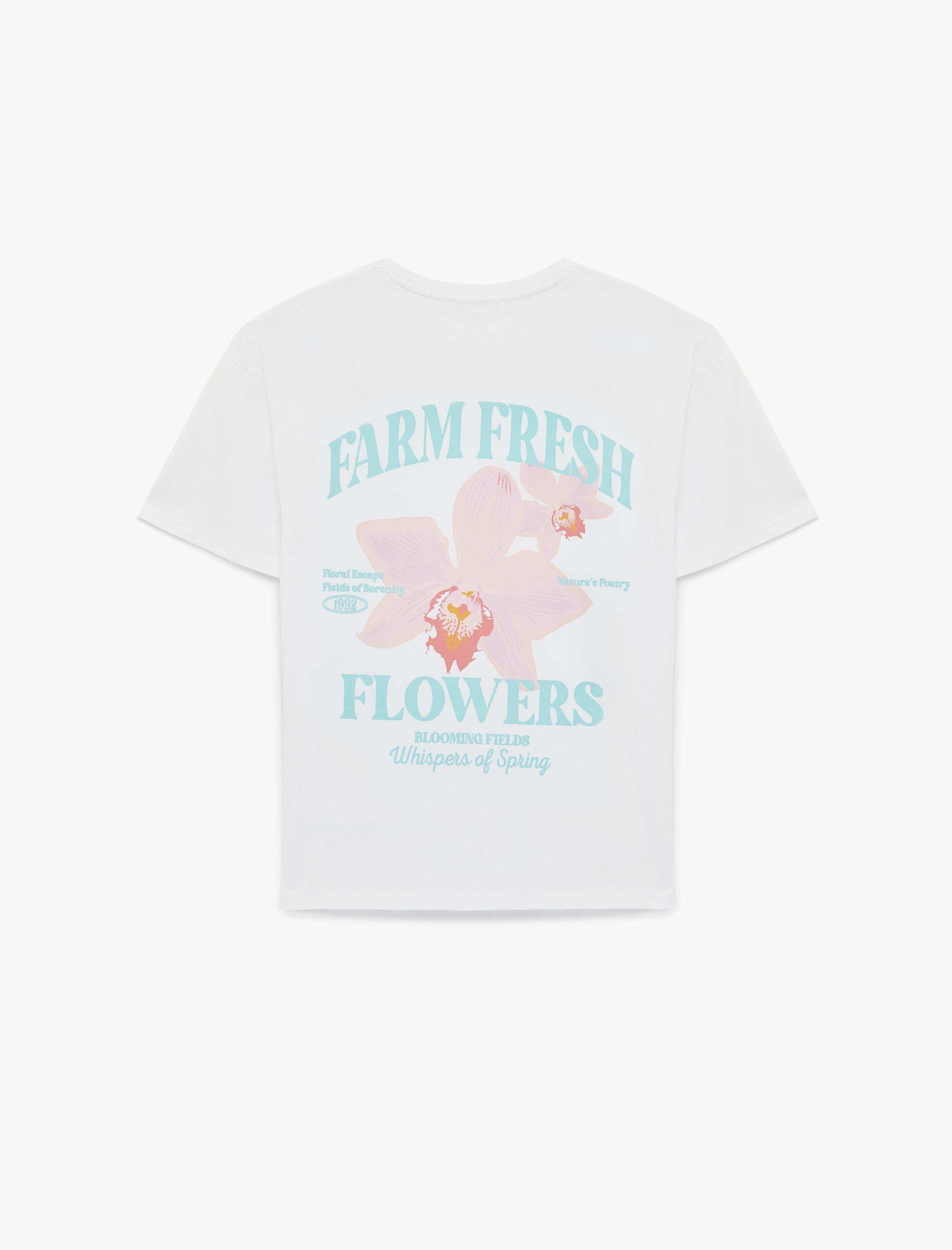   Pamuklu Rahat Kalıp Kısa Kollu Arkası Çiçek Baskılı Tişört