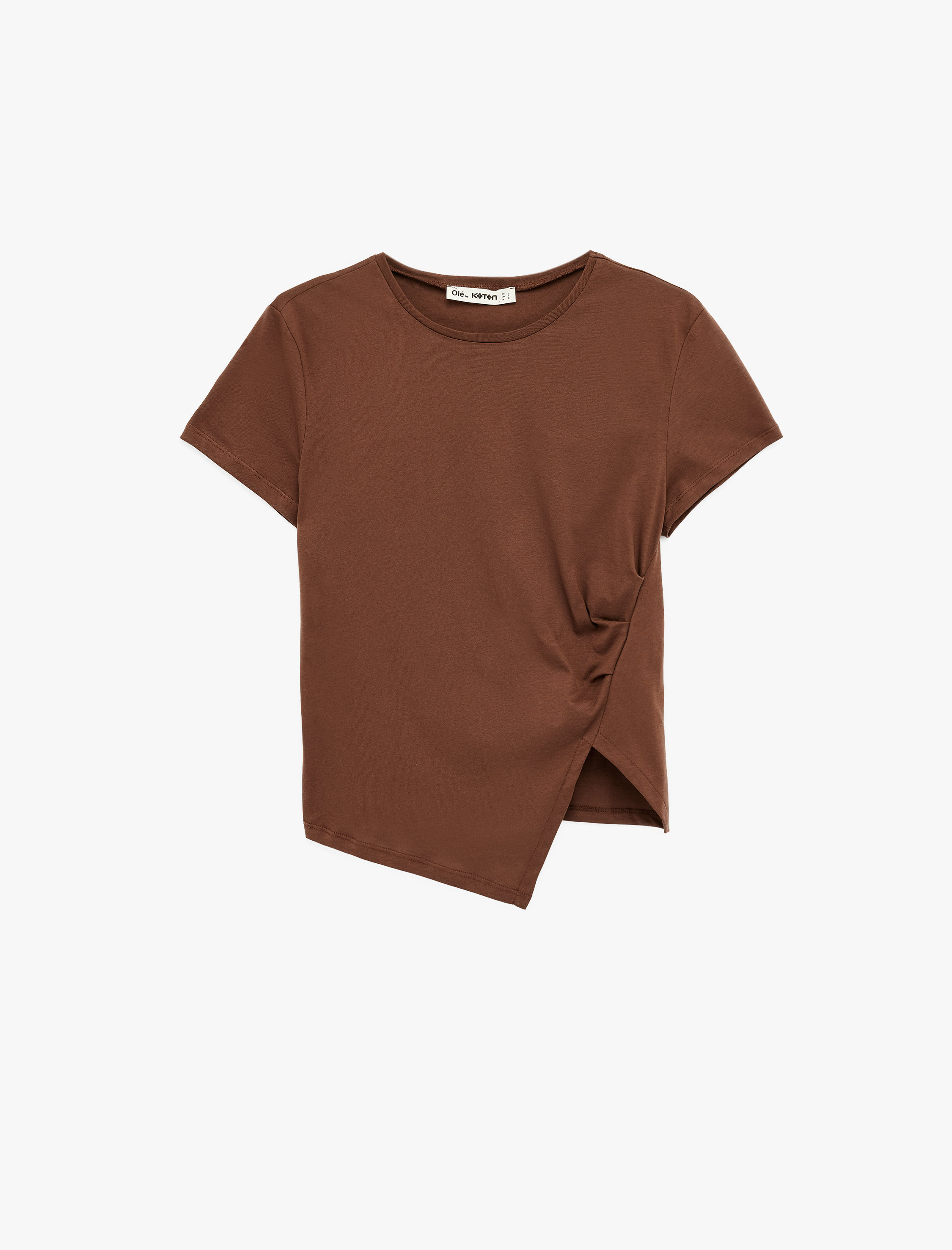   Pamuklu Kısa Kollu Bisiklet Yaka Ön Yırtmaç Detaylı Tişört