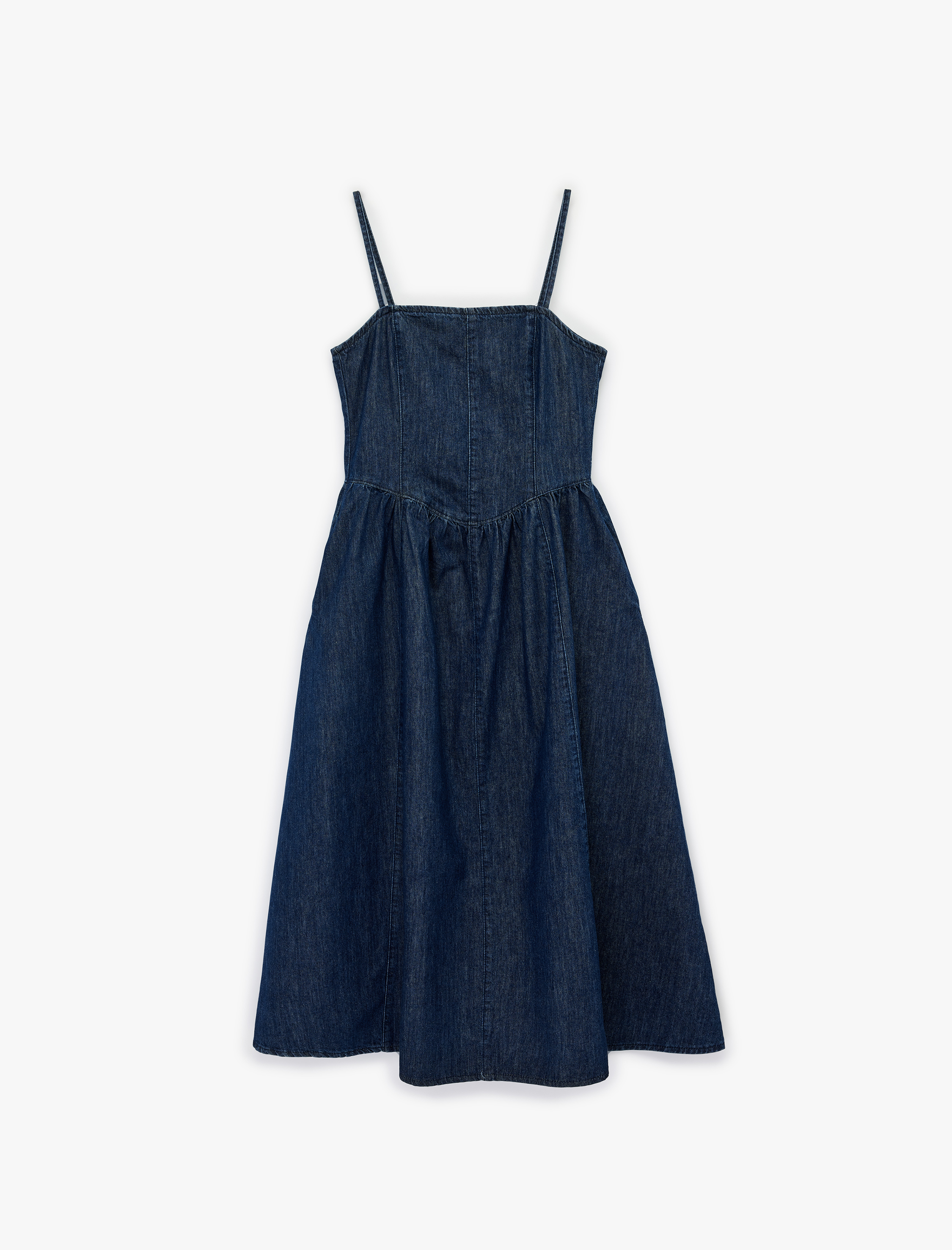   Regular Fit Cepli Askılı Midi Denim Elbise