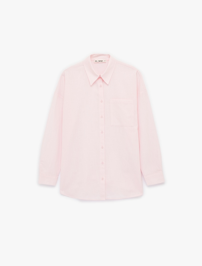  Cep Detaylı Pamuklu Uzun Kollu Klasik Yaka Oversize Gömlek