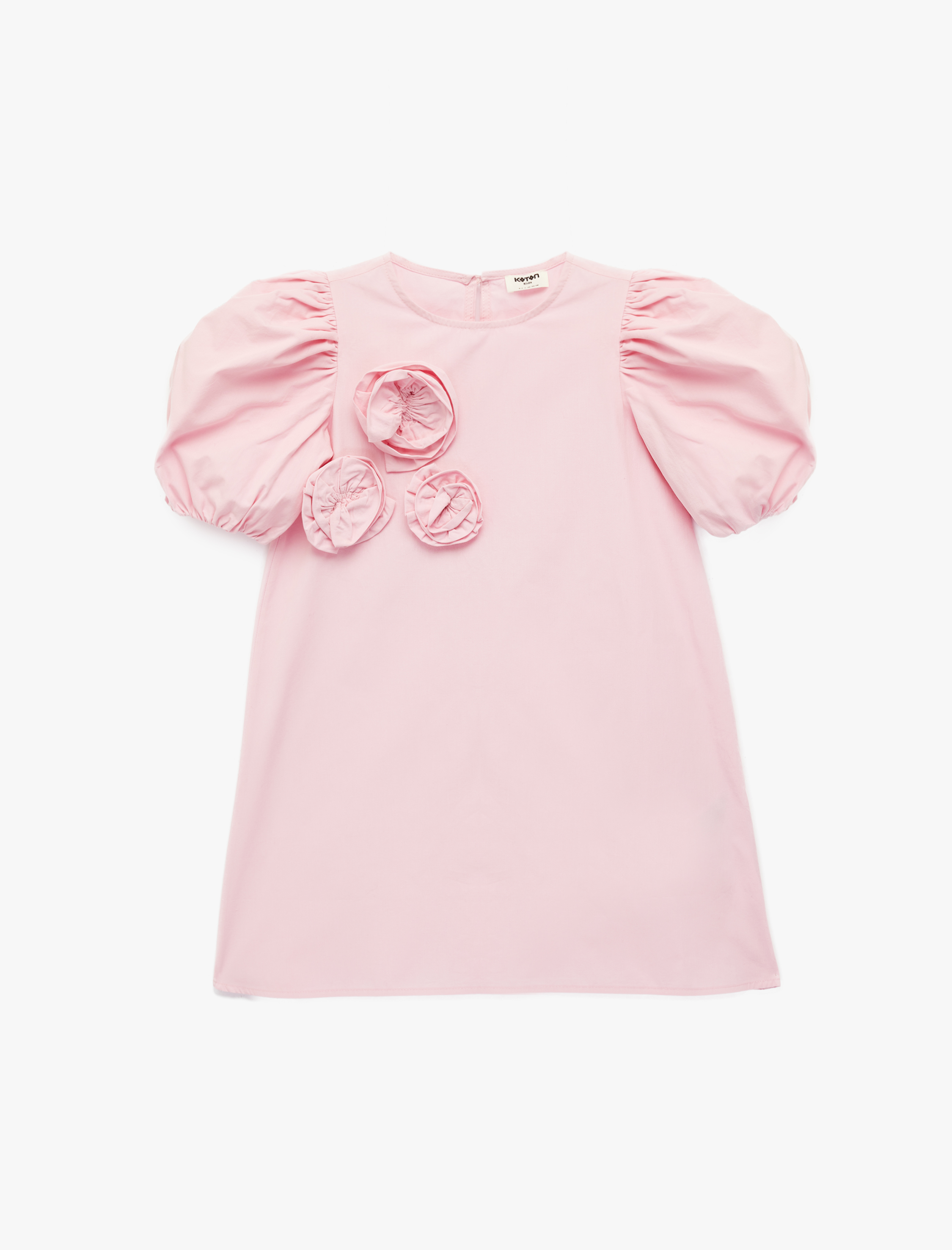  Kız Çocuk A Kesim Pamuklu Kısa Balon Kollu Çiçek Aplike Detaylı Elbise