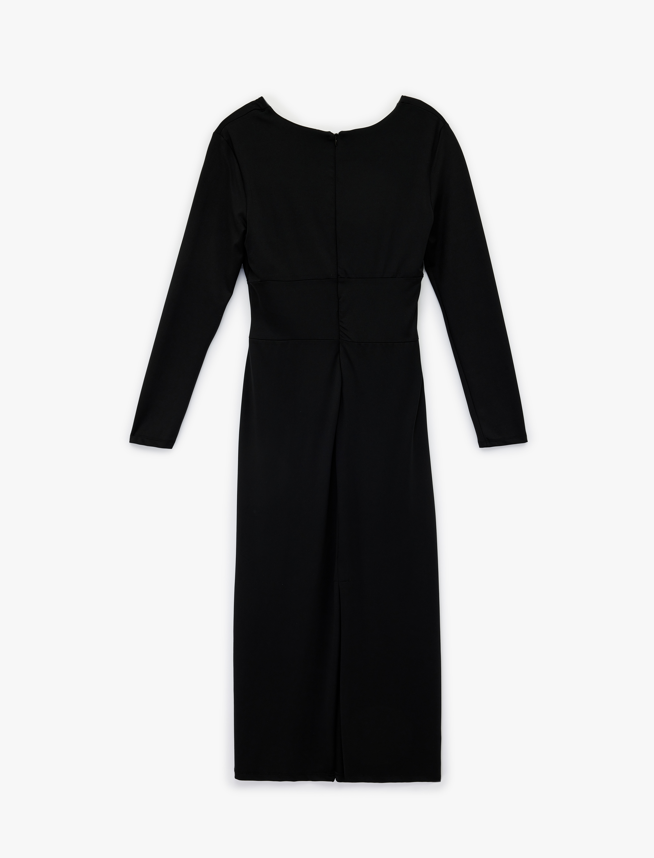   Uzun Kollu Slim Fit Drapeli V Yaka Midi Boy Elbise