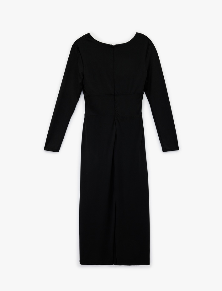  Uzun Kollu Slim Fit Drapeli V Yaka Midi Boy Elbise