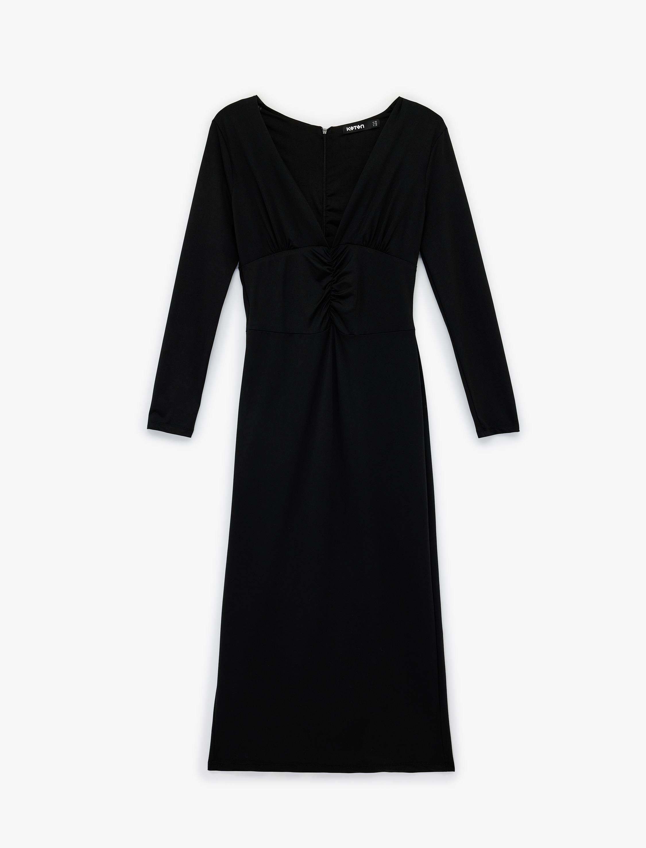   Uzun Kollu Slim Fit Drapeli V Yaka Midi Boy Elbise