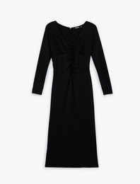 Uzun Kollu Slim Fit Drapeli V Yaka Midi Boy Elbise