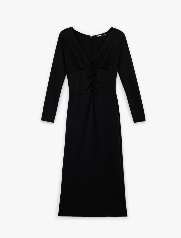  Uzun Kollu Slim Fit Drapeli V Yaka Midi Boy Elbise