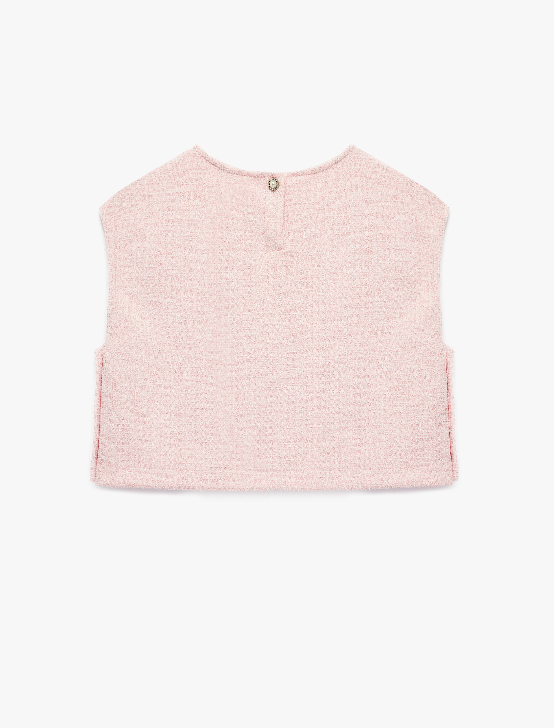  Kız Çocuk İnci Düğme Detaylı Bisiklet Yaka Kolsuz Crop Tüvit Bluz