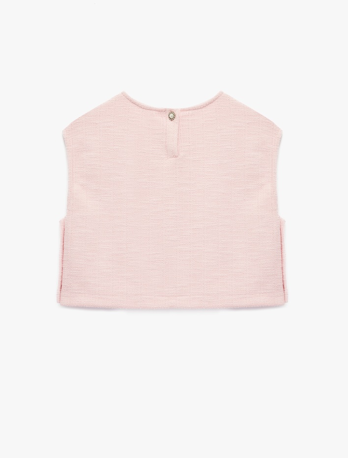 Kız Çocuk İnci Düğme Detaylı Bisiklet Yaka Kolsuz Crop Tüvit Bluz