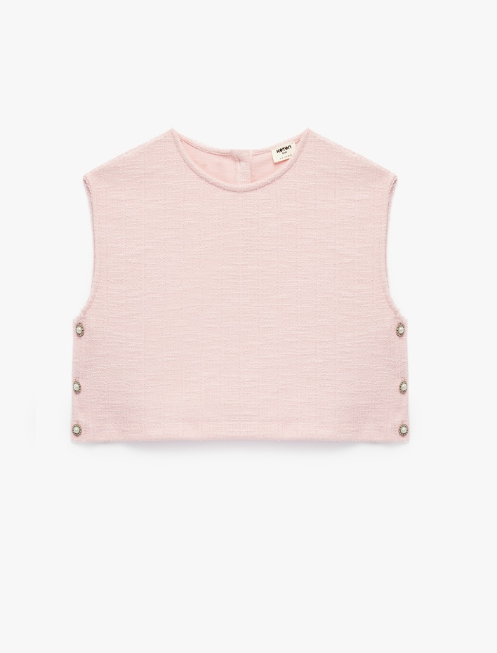 Kız Çocuk İnci Düğme Detaylı Bisiklet Yaka Kolsuz Crop Tüvit Bluz