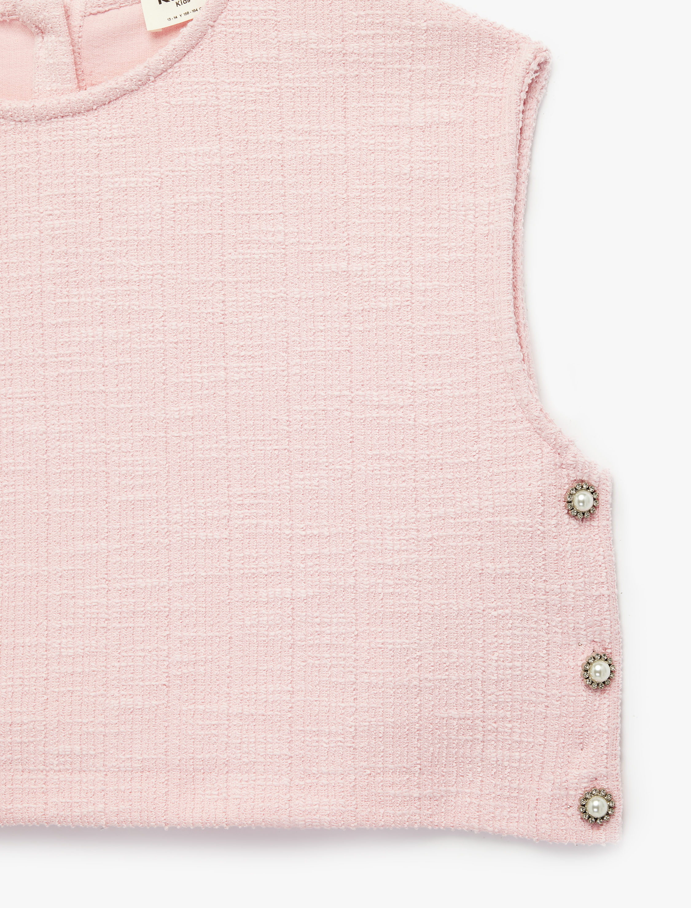  Kız Çocuk İnci Düğme Detaylı Bisiklet Yaka Kolsuz Crop Tüvit Bluz