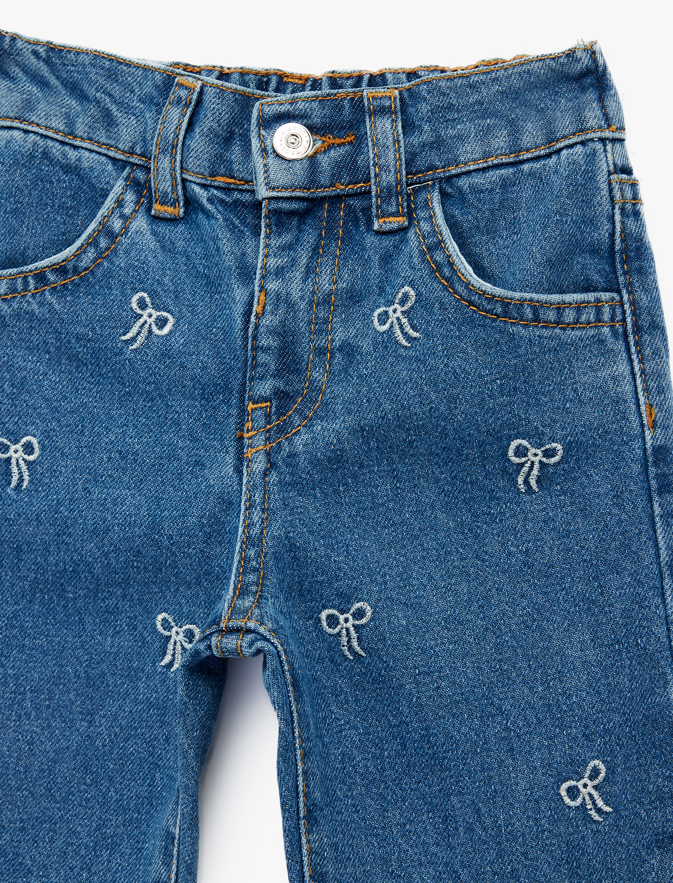  Kız Bebek Fiyonk Detaylı Pamuklu Denim Pantolon