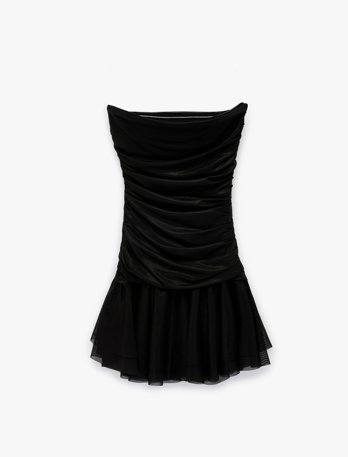  Drapeli Mini Straplez Saten Elbise