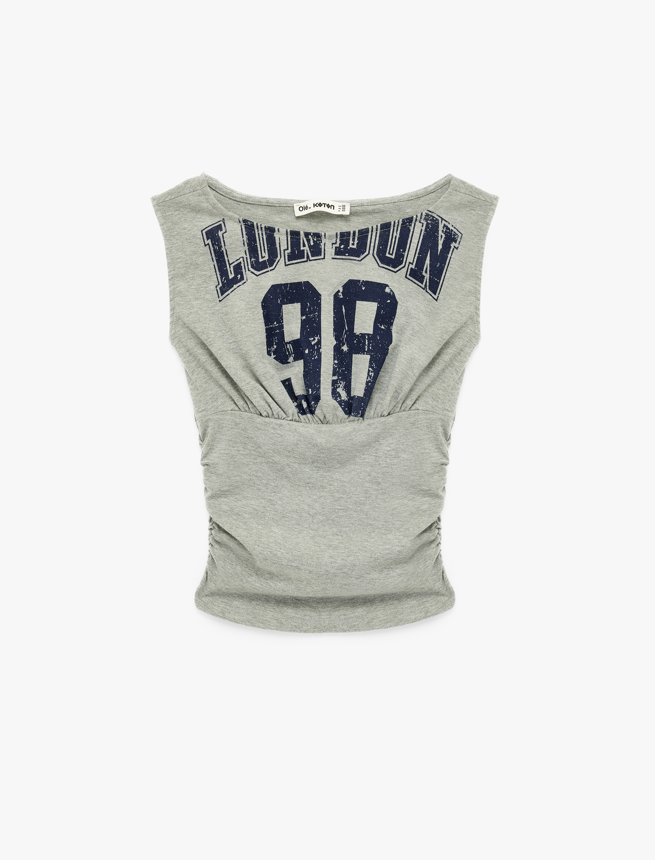   Pamuklu Yanları Drapeli Yuvarlak Yaka Baskılı Sıfır Kol Tişört