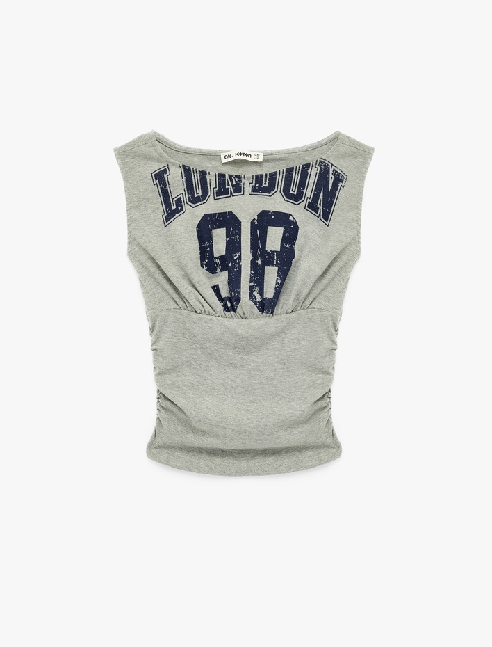  Pamuklu Yanları Drapeli Yuvarlak Yaka Baskılı Sıfır Kol Tişört