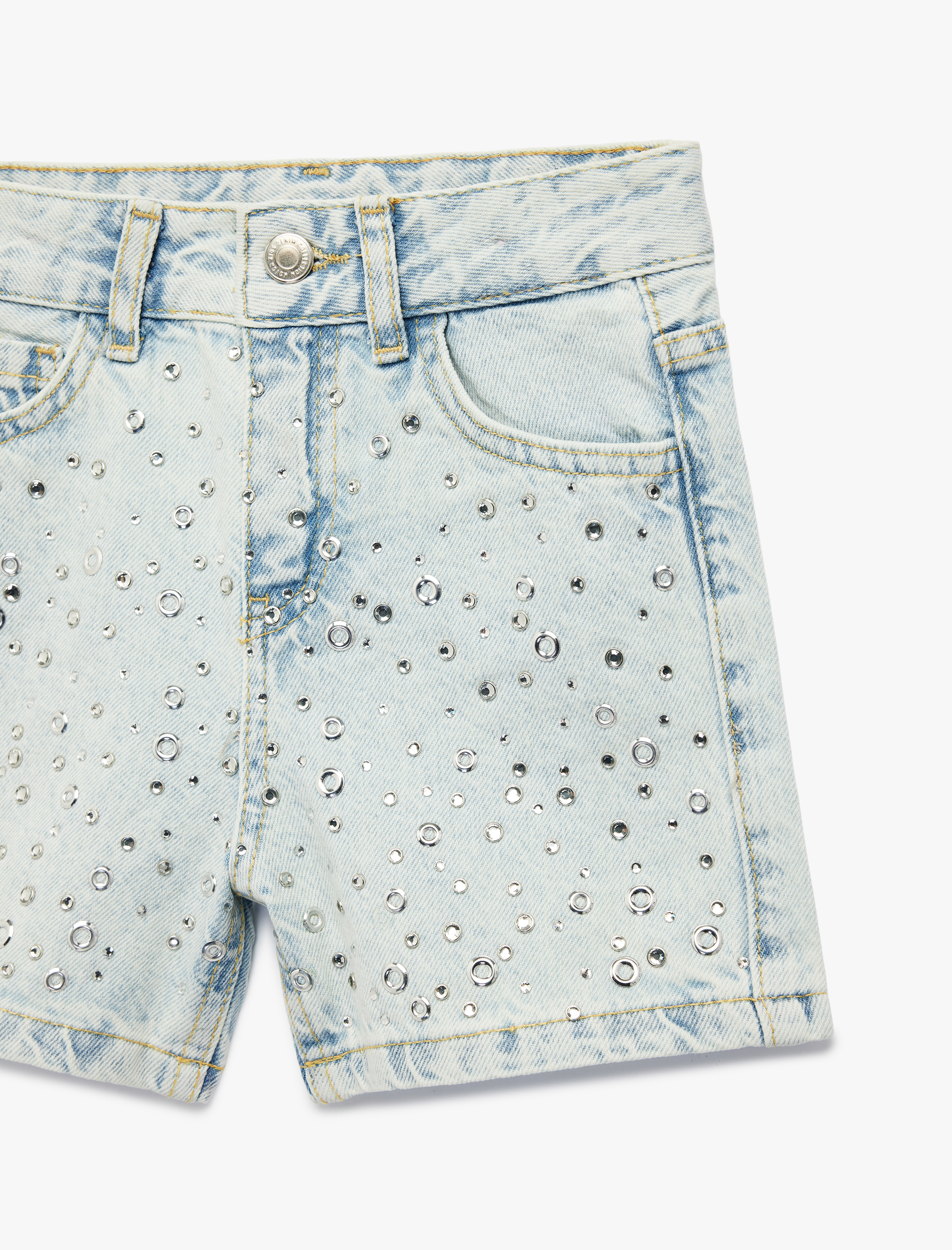  Kız Çocuk Pamuklu Cepli Taş Detaylı Mini Denim Şort