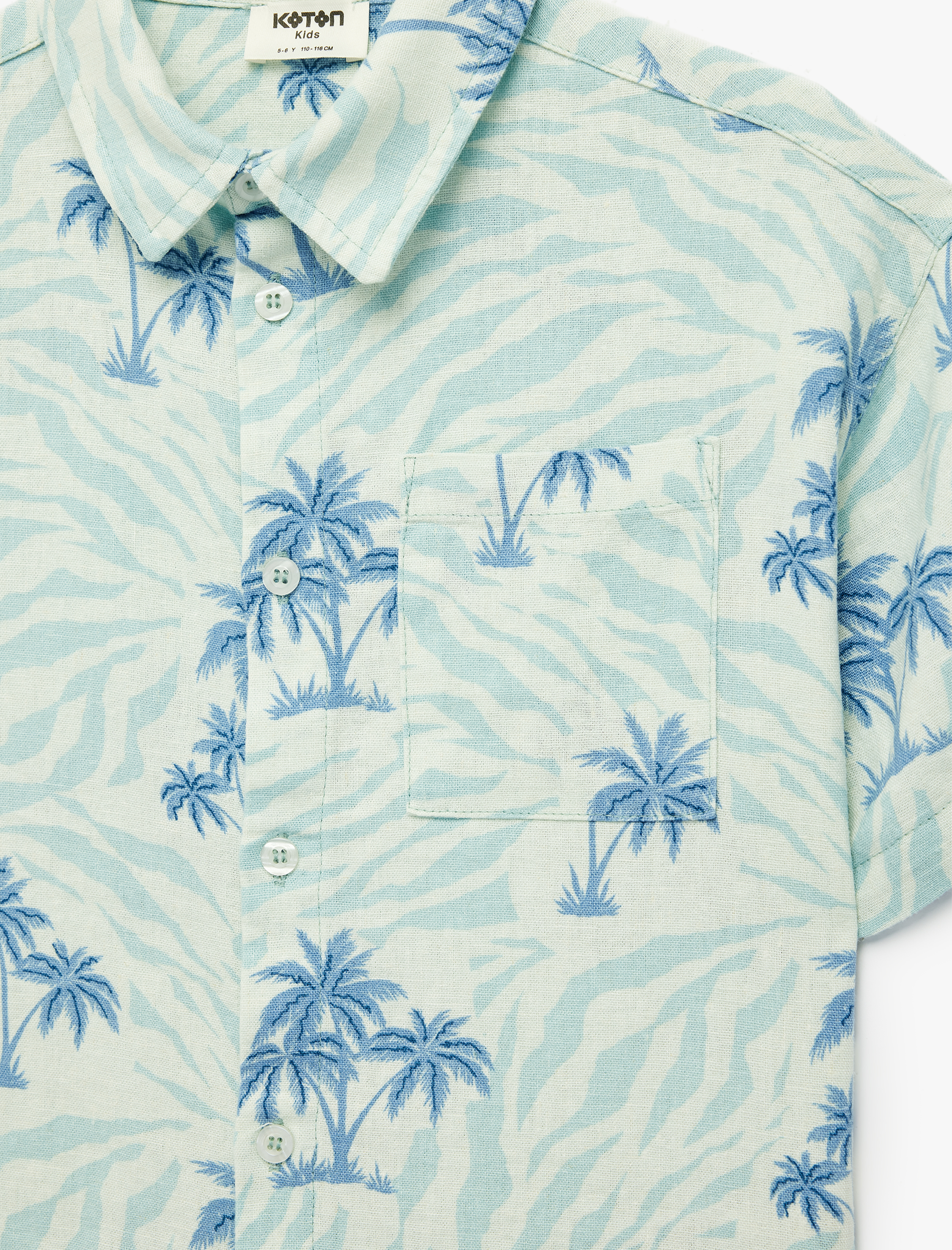  Erkek Çocuk Keten Karışımlı Cepli Klasik Yaka Kısa Kollu Palmiye Desenli Gömlek