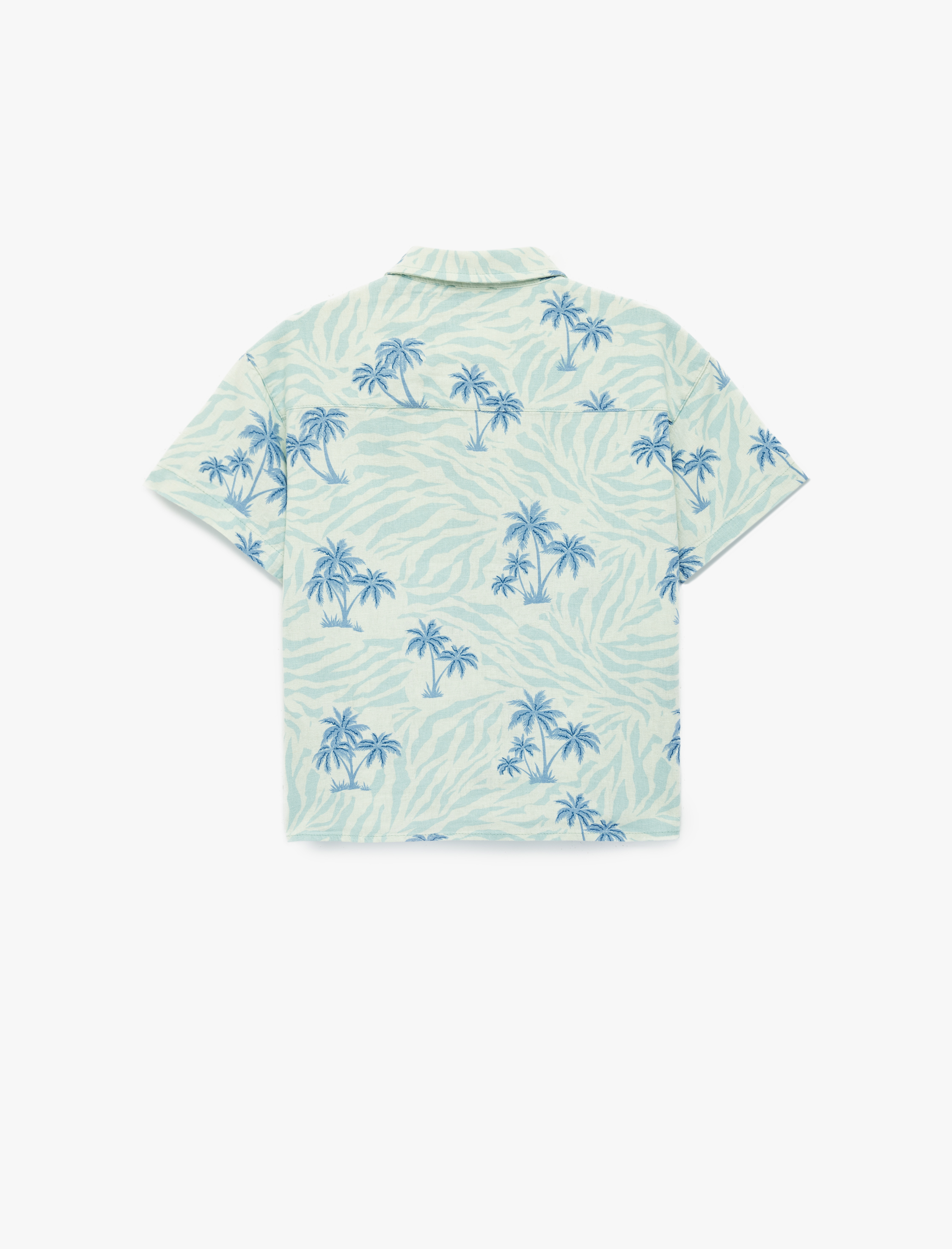  Erkek Çocuk Keten Karışımlı Cepli Klasik Yaka Kısa Kollu Palmiye Desenli Gömlek