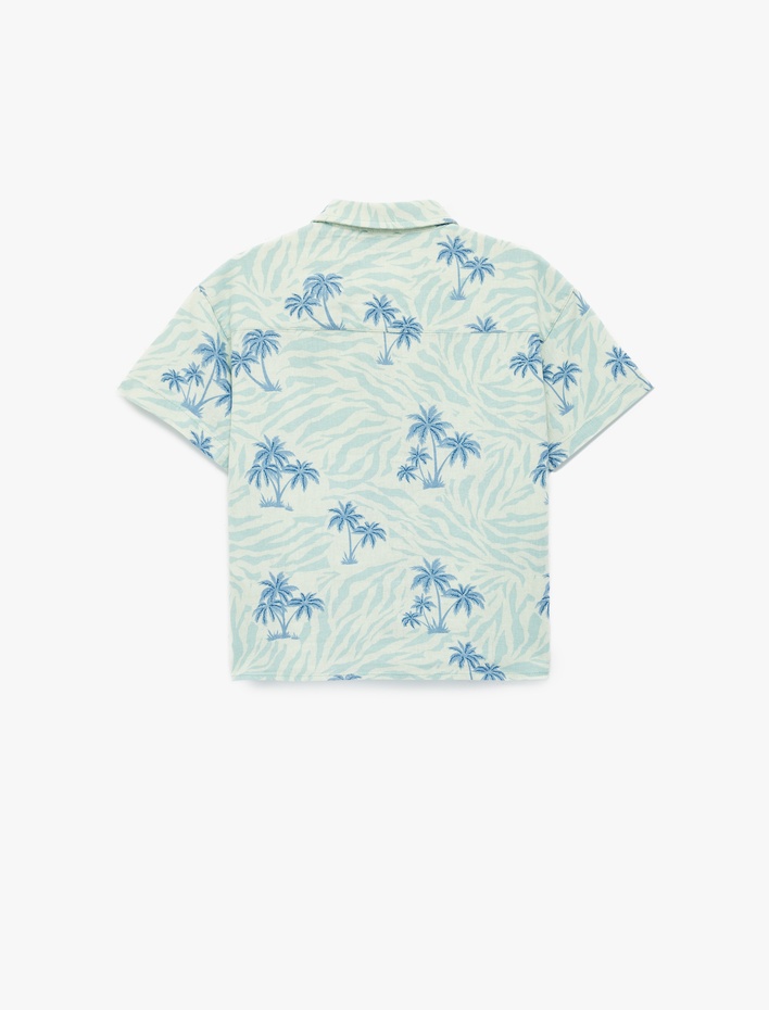 Erkek Çocuk Keten Karışımlı Cepli Klasik Yaka Kısa Kollu Palmiye Desenli Gömlek