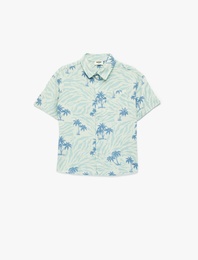 Keten Karışımlı Cepli Klasik Yaka Kısa Kollu Palmiye Desenli Gömlek