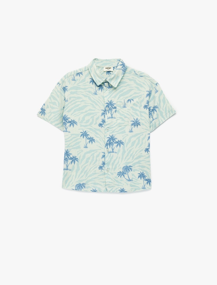 Erkek Çocuk Keten Karışımlı Cepli Klasik Yaka Kısa Kollu Palmiye Desenli Gömlek
