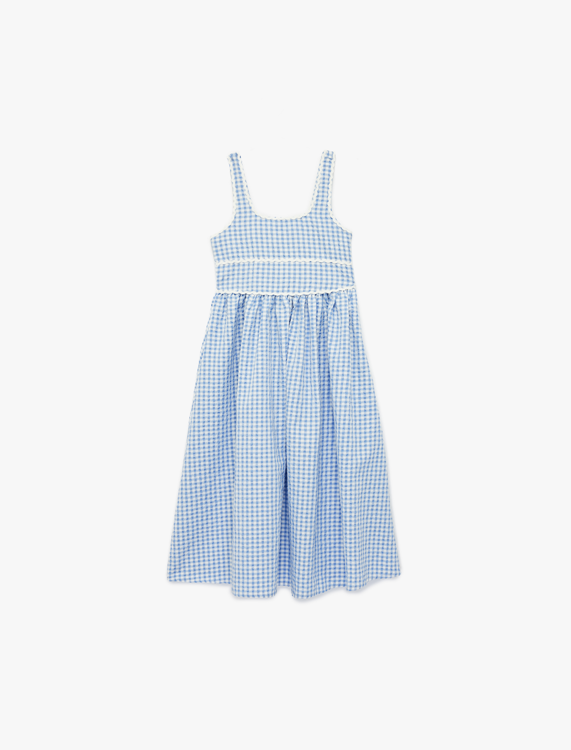  Kız Çocuk Gipe Detaylı A Kesim Kare Yaka Askılı Pötikareli Elbise