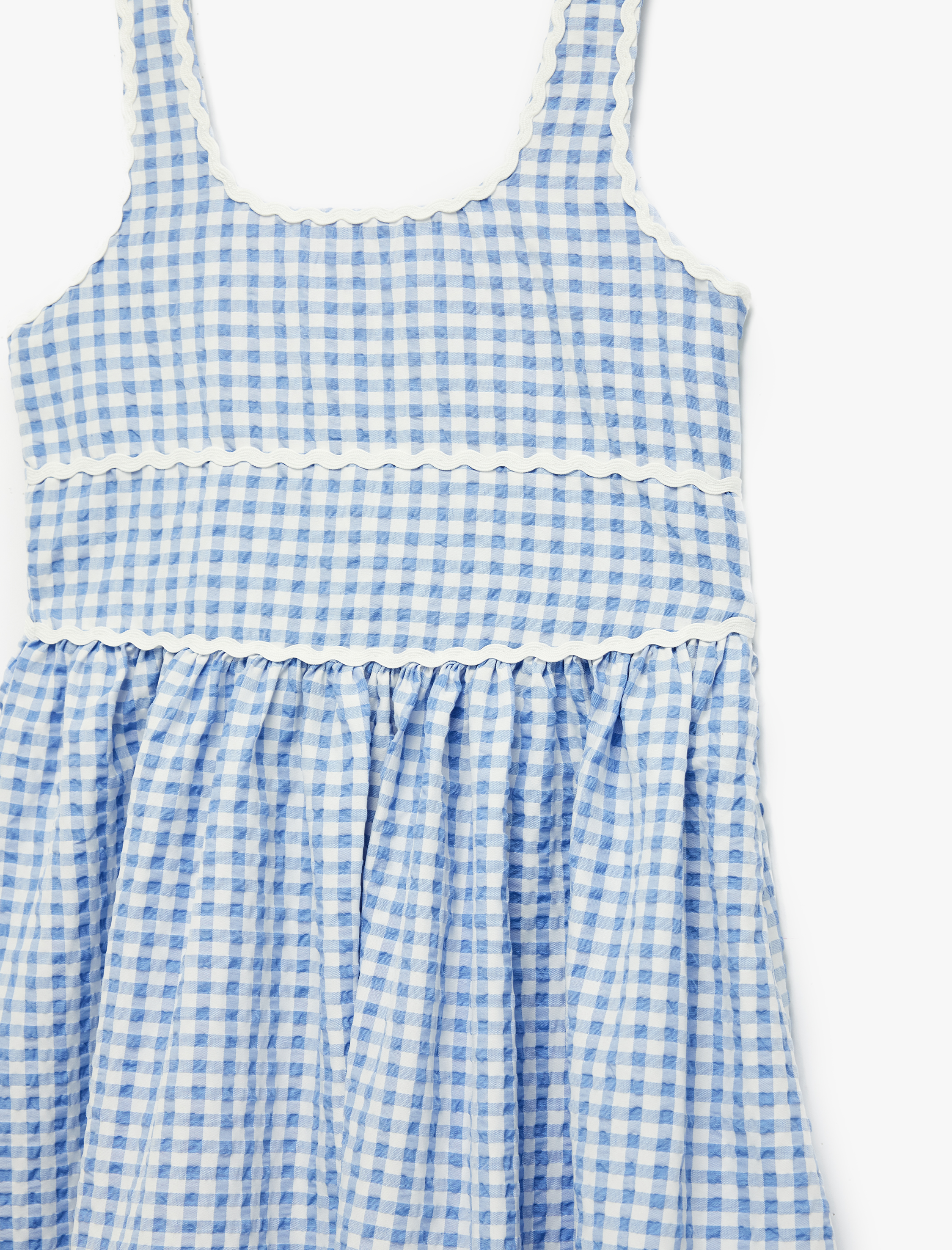  Kız Çocuk Gipe Detaylı A Kesim Kare Yaka Askılı Pötikareli Elbise