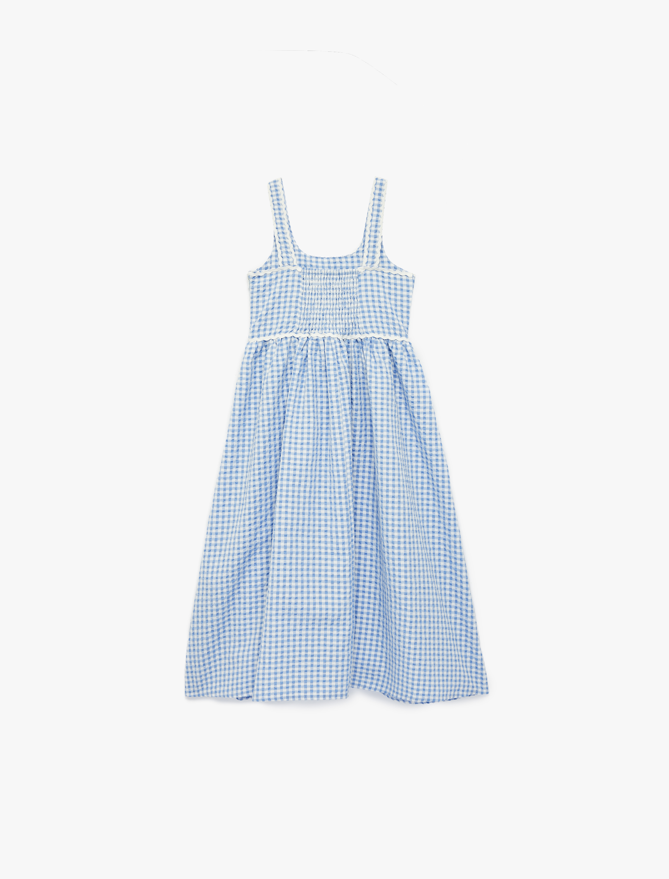  Kız Çocuk Gipe Detaylı A Kesim Kare Yaka Askılı Pötikareli Elbise