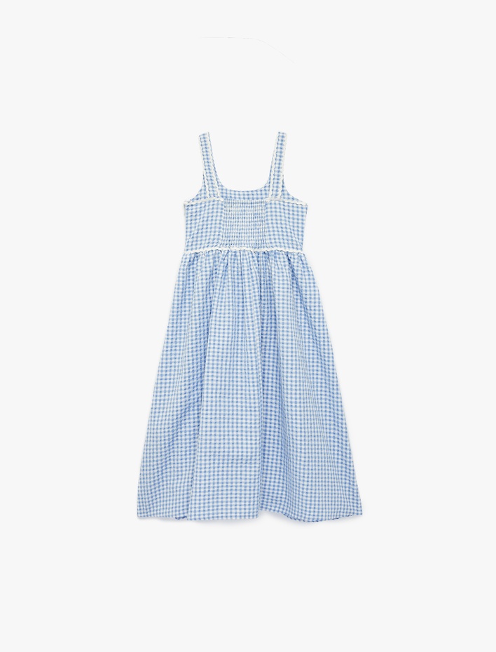 Kız Çocuk Gipe Detaylı A Kesim Kare Yaka Askılı Pötikareli Elbise