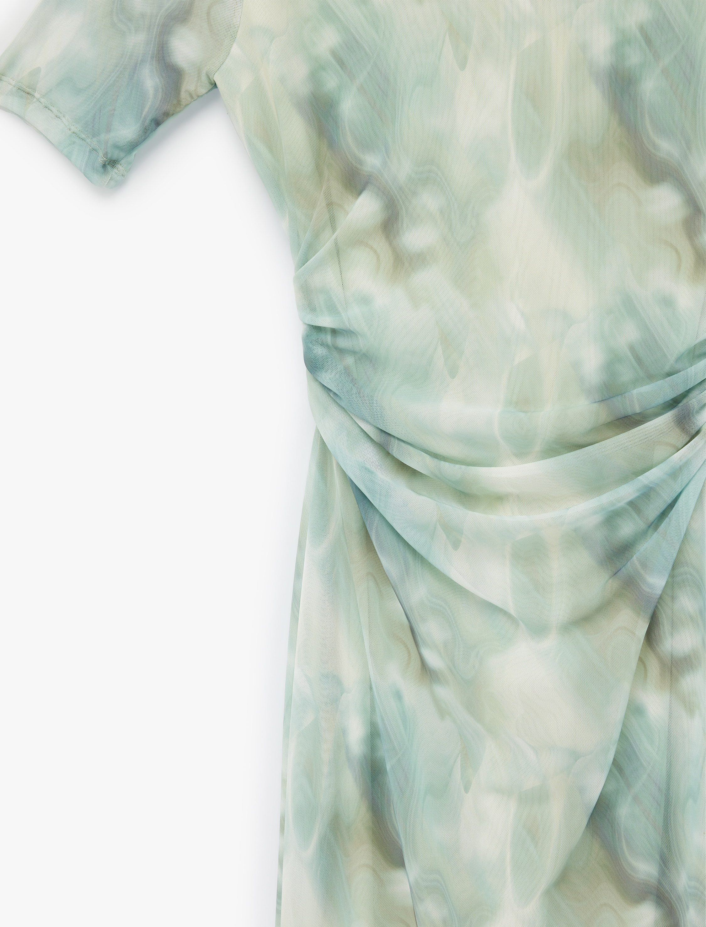   Kısa Kollu Bisiklet Yaka Midi Boy Desenli Kalem Tül Elbise