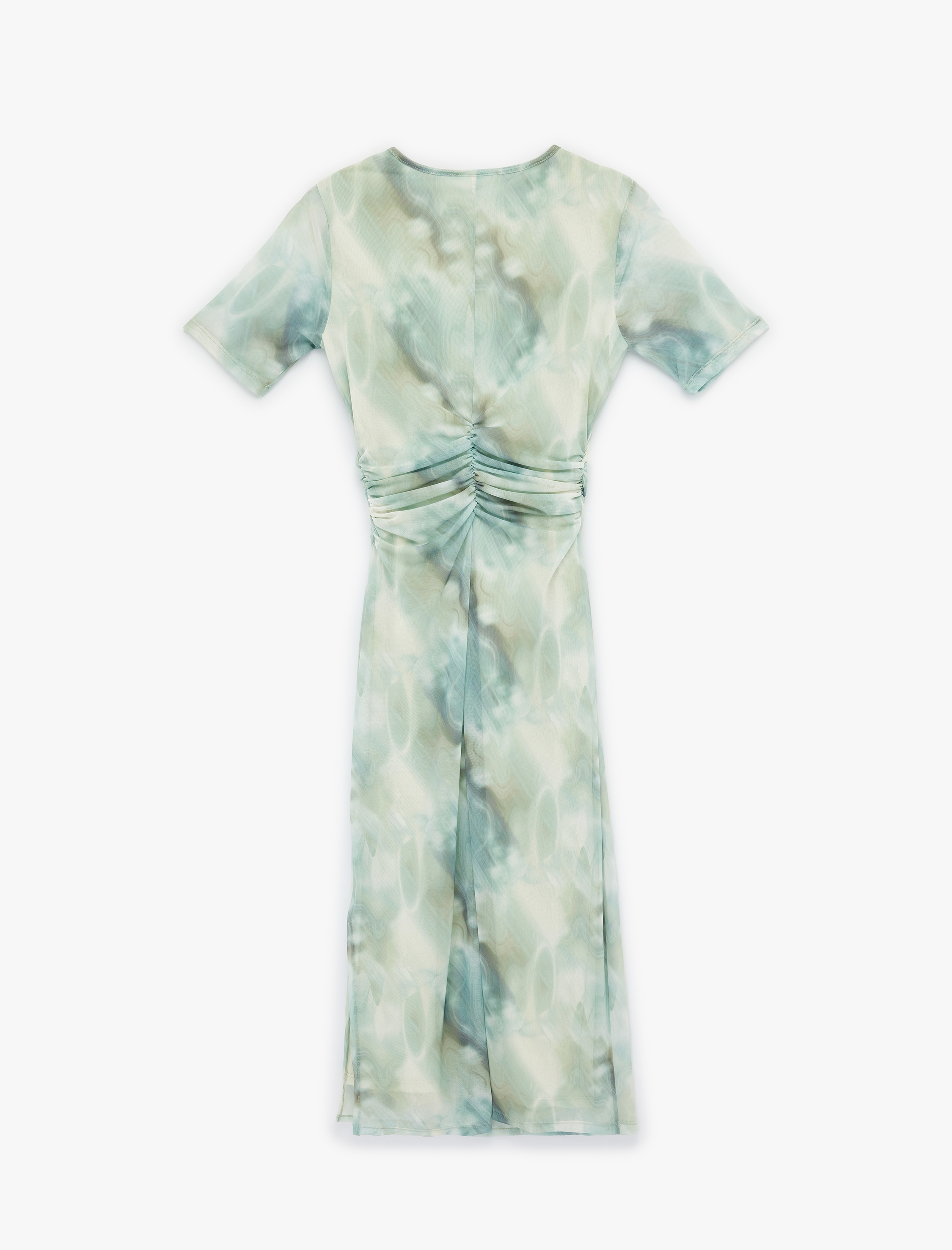   Kısa Kollu Bisiklet Yaka Midi Boy Desenli Kalem Tül Elbise