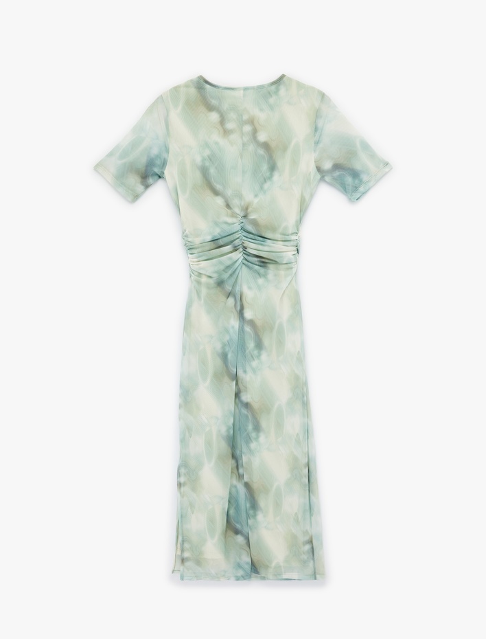  Kısa Kollu Bisiklet Yaka Midi Boy Desenli Kalem Tül Elbise