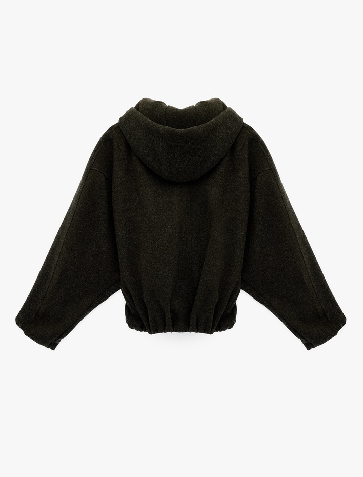  Cepli Fermuarlı Uzun Kollu Kapüşonlu Kaşe Bomber Ceket